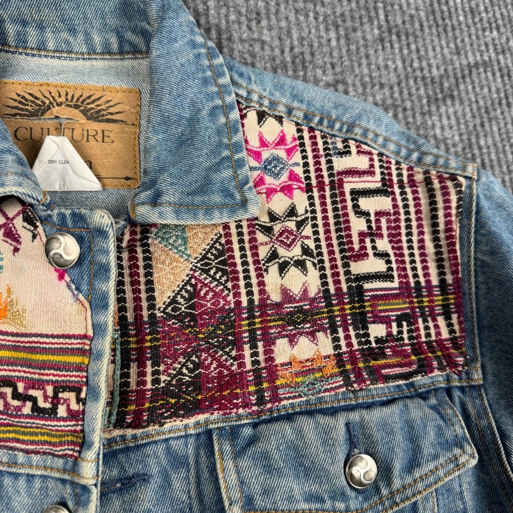 Vtg CULTURE on denim Jean Trucker Jacket Womens M Guatemalan Woven Textile Boho - Picture 4 of 16